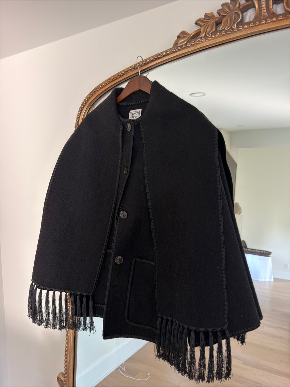 Toteme Embroidered Black Fringe Wool Coat
